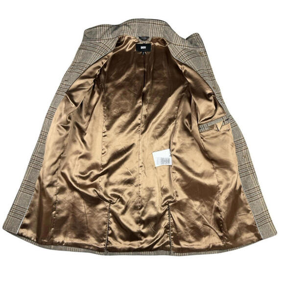 DKNY Elegant Stand Collar Outwear Wool Blend Coat Check Brown Size XS - Picture 3 of 5